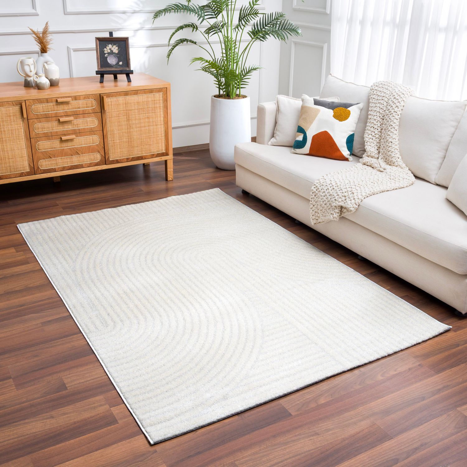 Kurzflor Teppich Wohnzimmer – Moderner Design Teppich mit Struktur, weich, pflegeleicht, in Creme, Beige & Taupe-zoom-2