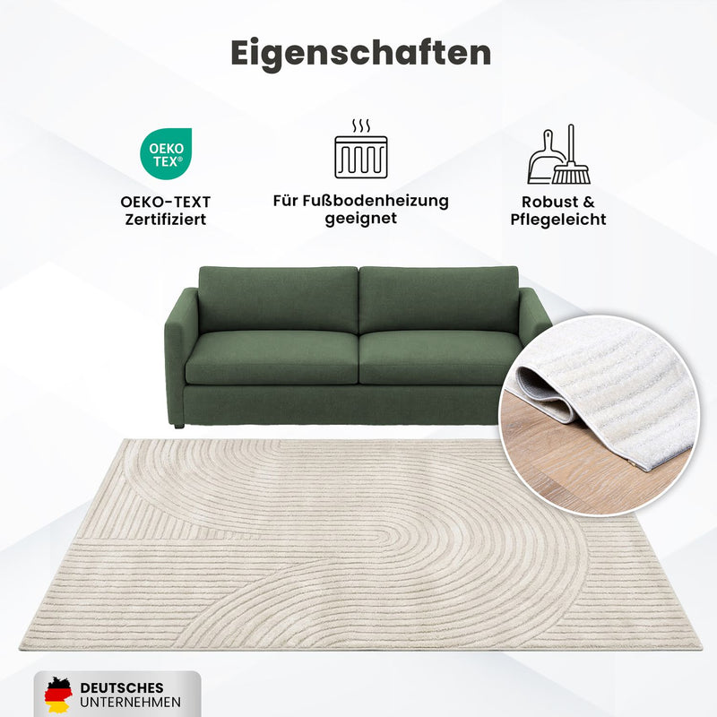 Kurzflor Teppich Wohnzimmer – Moderner Design Teppich mit Struktur, weich, pflegeleicht, in Creme, Beige & Taupe-zoom-