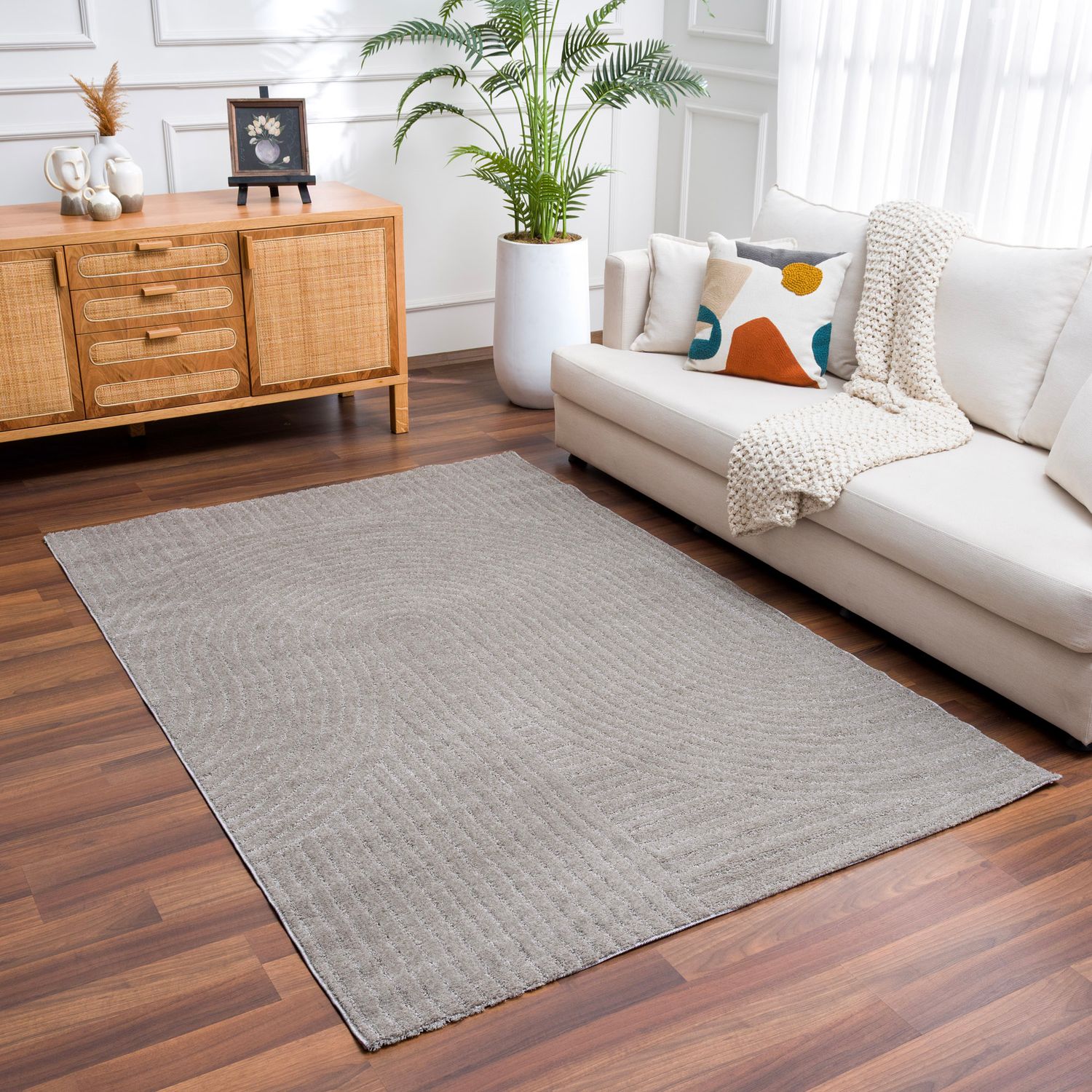 Kurzflor Teppich Wohnzimmer – Moderner Design Teppich mit Struktur, weich, pflegeleicht, in Creme, Beige & Taupe-zoom-7