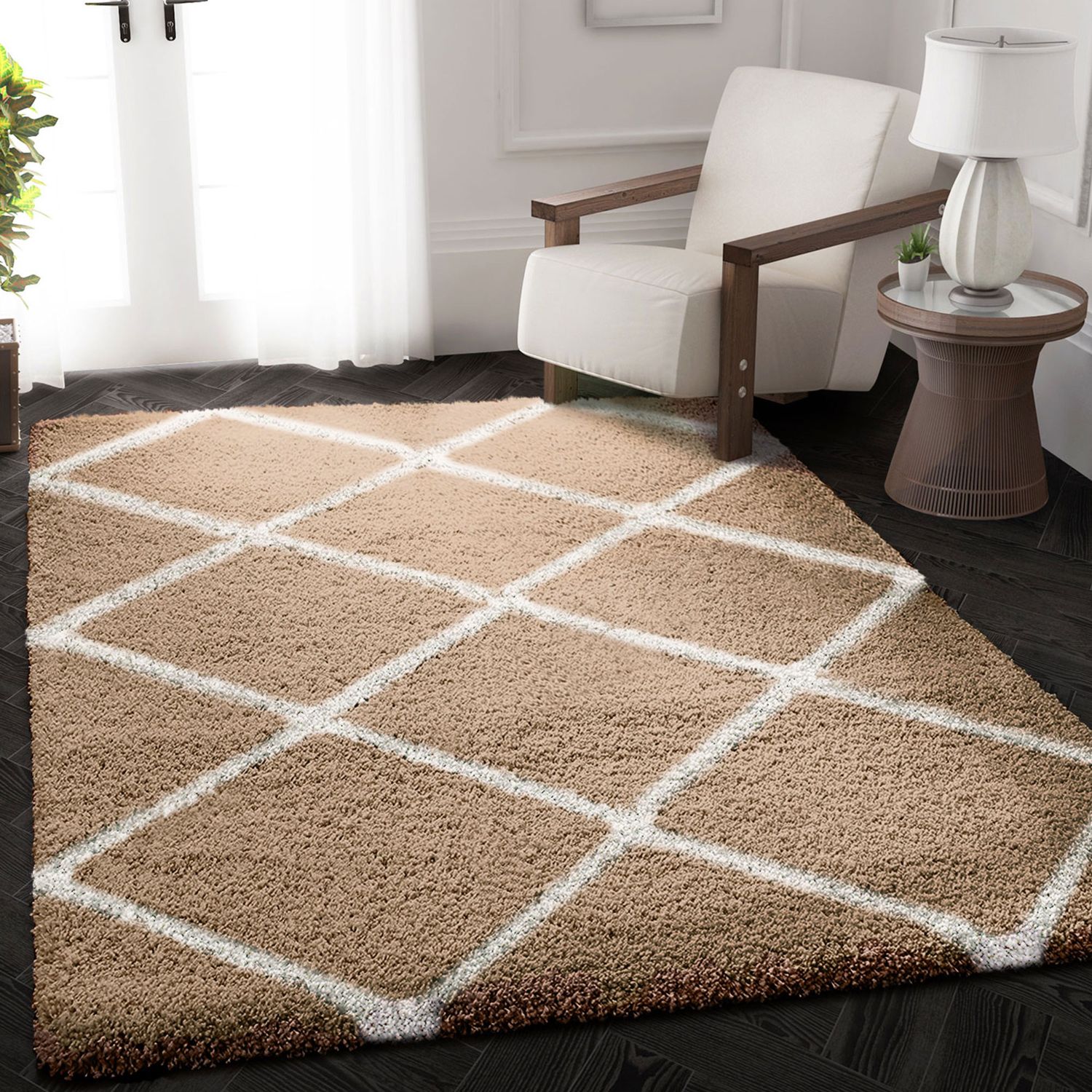 Hochflor Teppich Wohnzimmer Shaggy Rauten Muster Beige Creme Skandinavischer Stil Weich Robust