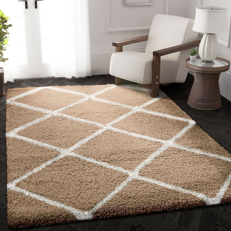 Hochflor Teppich Wohnzimmer Shaggy Rauten Muster Beige Creme Skandinavischer Stil Weich Robust-zoom-
