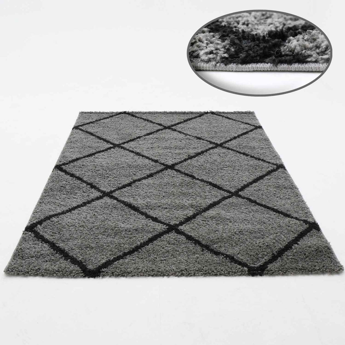 High-pile rug living room shaggy diamond pattern grey anthracite Scandi design durable ethnic