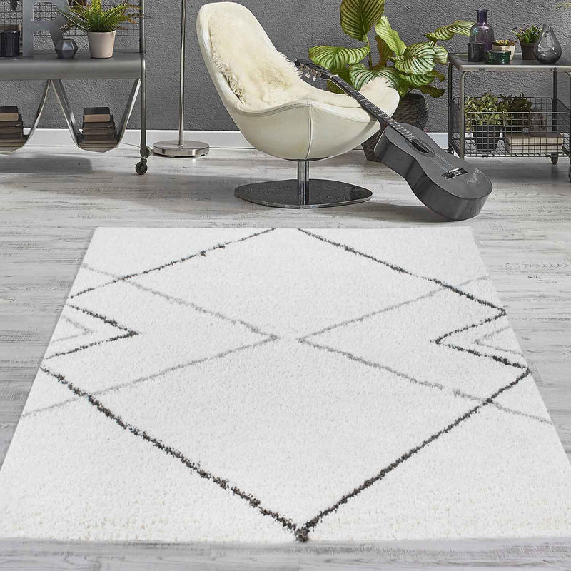 High-pile shaggy rug, diamond pattern design, living room, cream, grey, anthracite-zoom-