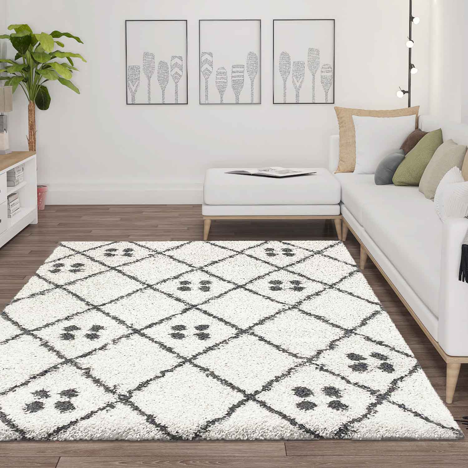 Hochflor Shaggy Teppich Rauten Muster mit Punkte Skandinavisch Creme Anthrazit