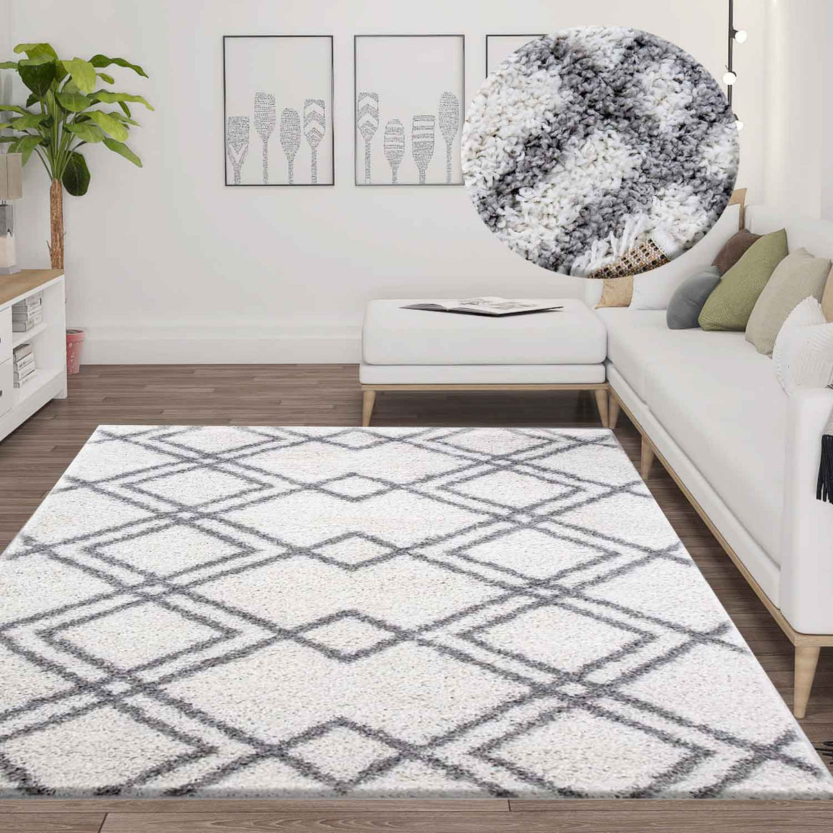 High-pile rug, soft living room shaggy Scandinavian style diamond pattern