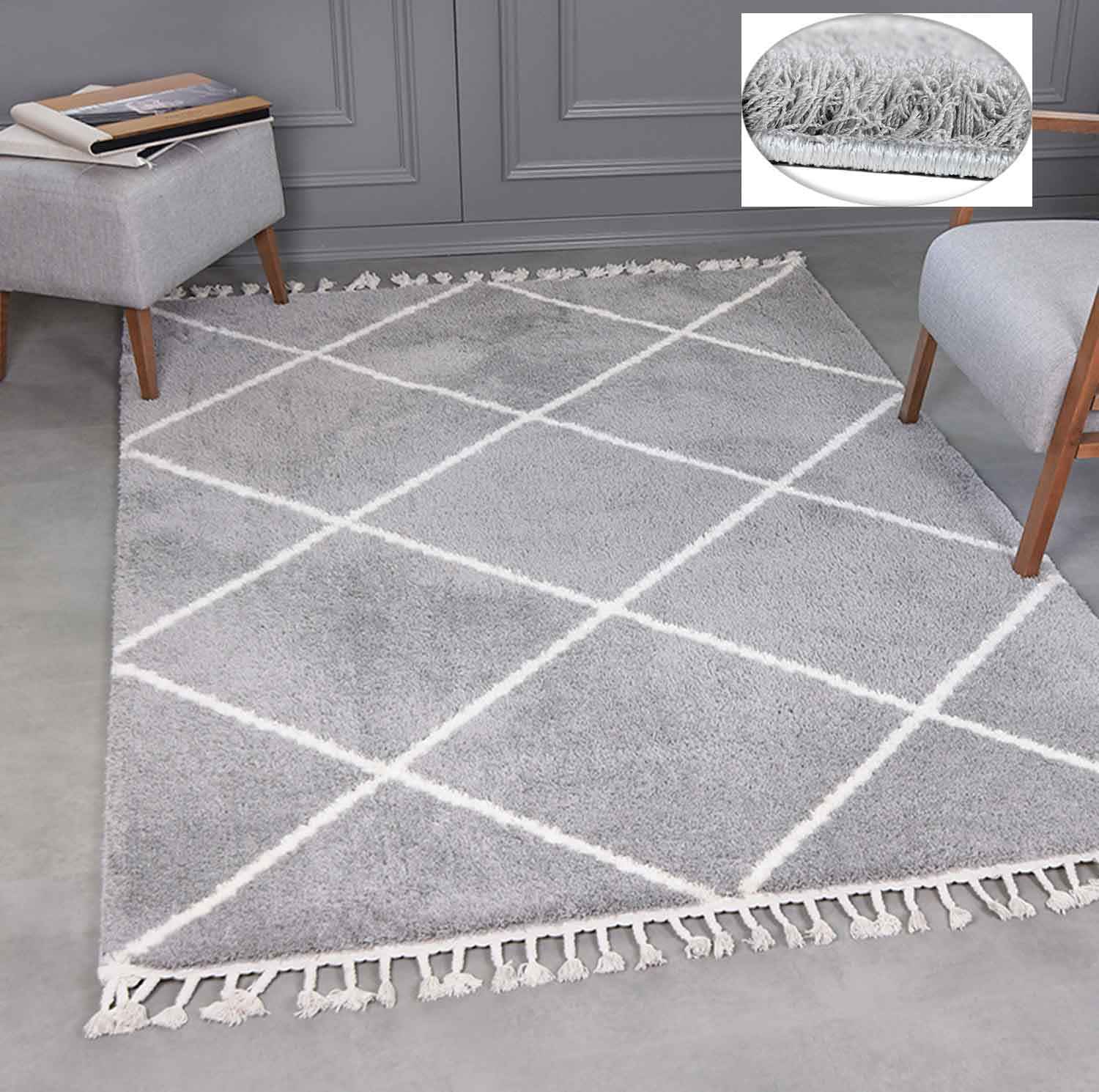 High-pile microfiber rug, super soft, for living room, in grey & cream, fluffy with fringes-1