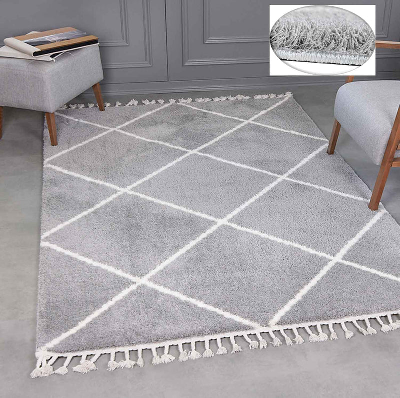 High-pile microfiber rug, super soft, for living room, in grey & cream, fluffy with fringes-zoom-