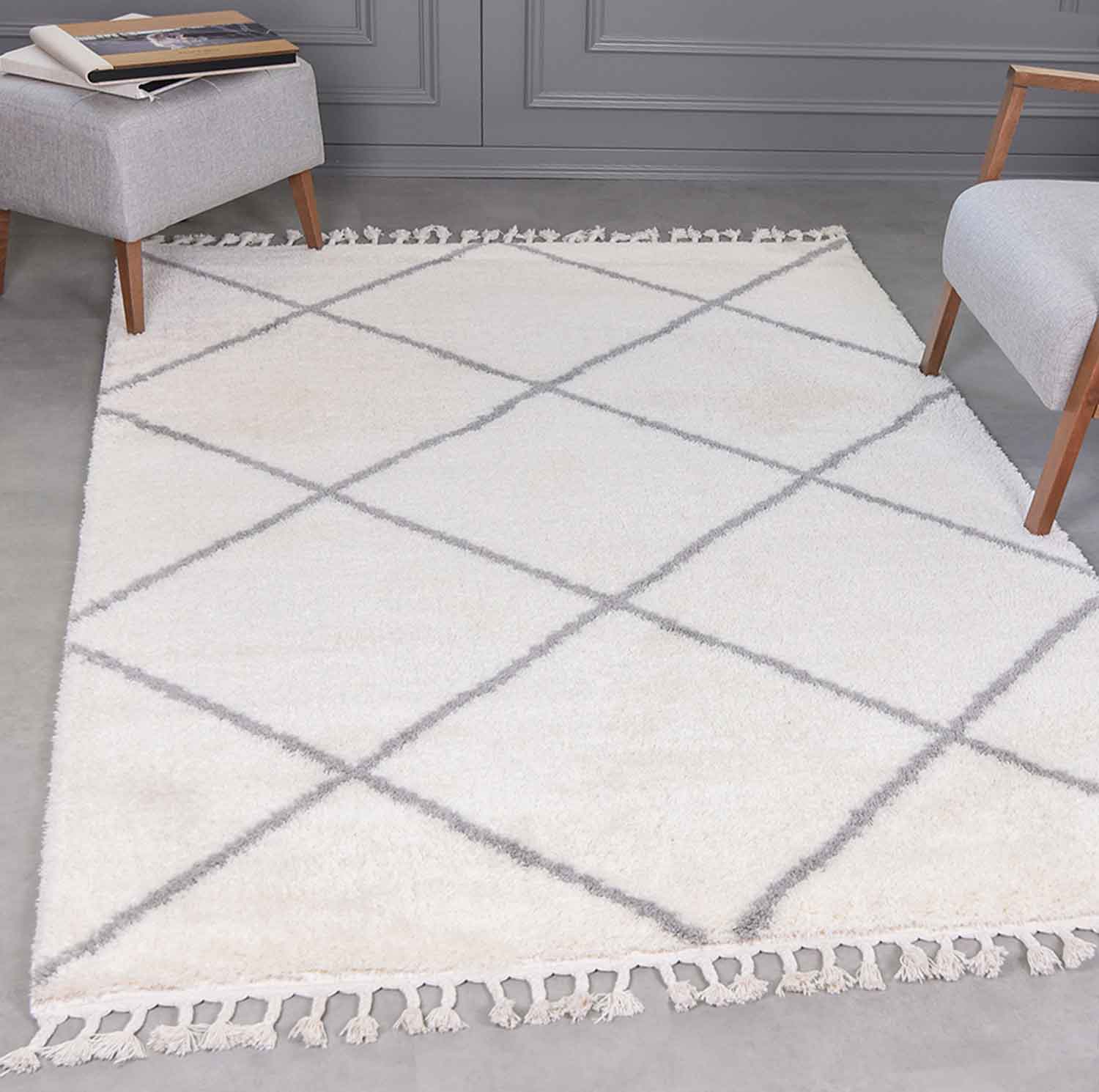 High-pile microfiber rug, super soft, for living room, in grey & cream, fluffy with fringes-zoom-5