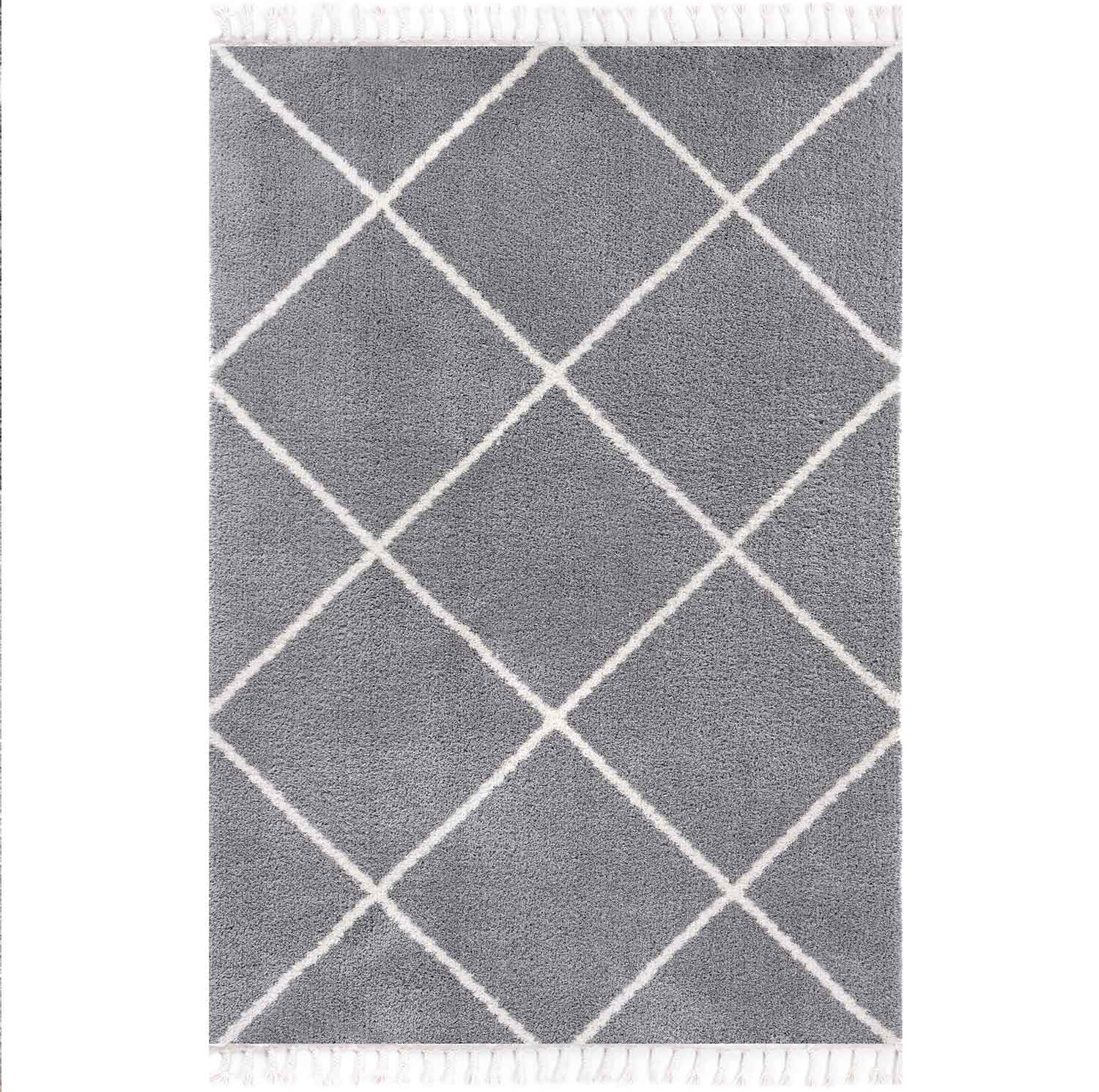 High-pile microfiber rug, super soft, for living room, in grey & cream, fluffy with fringes-4