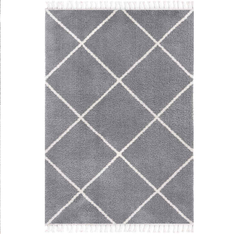 High-pile microfiber rug, super soft, for living room, in grey & cream, fluffy with fringes-zoom-
