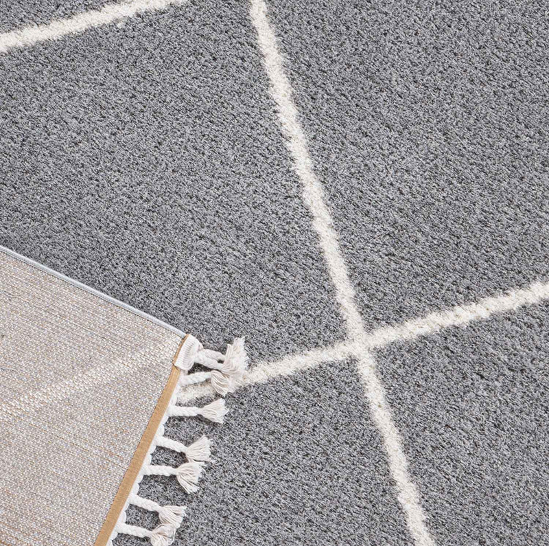 High-pile microfiber rug, super soft, for living room, in grey & cream, fluffy with fringes-zoom-