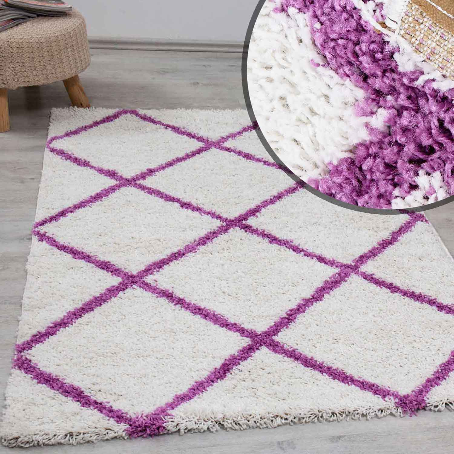 Hochflor Teppich Wohnzimmer Shaggy Rautenmuster Lila Creme Skandinavischer Stil weich Robust