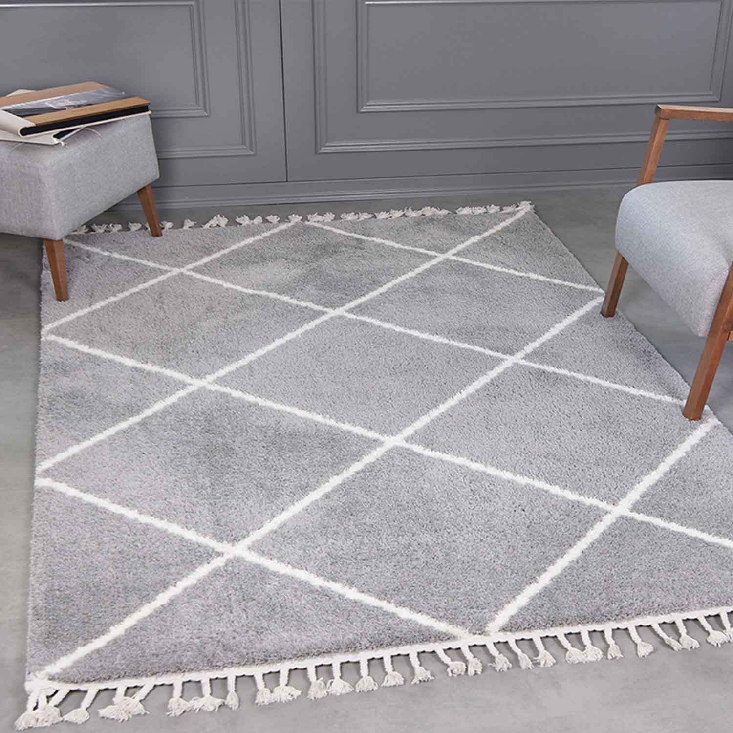 High-pile rug, super soft, for living room, grey, fluffy with fringes