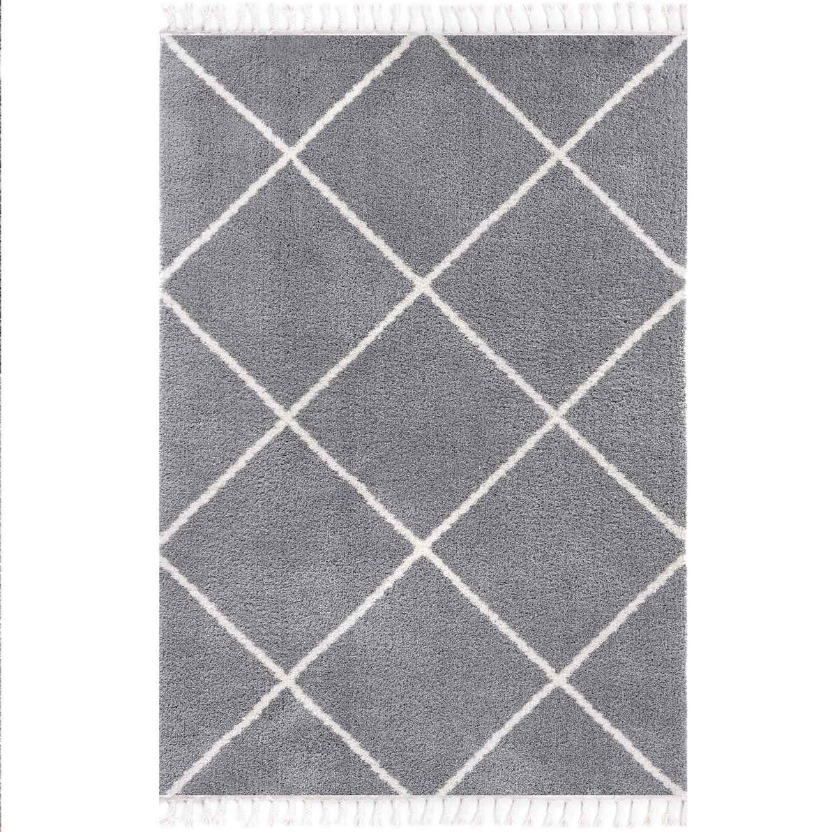 Hochflor Teppich Super Weich Wohnzimmer in Grau Flauschig mit Franzen