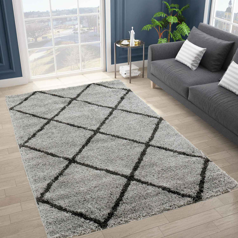 Hochflor Teppich Wohnzimmer Shaggy  Rautenmuster Grau Anthrazit Skandi Design Strapazierfähig Ethno-zoom-