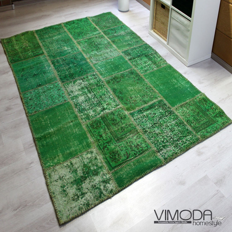 Hochwertiger VINTAGE Patchwork Teppich, Original Handgeknüpft Wollteppich in Grün; 160 cm x 230 cm - P001-zoom-