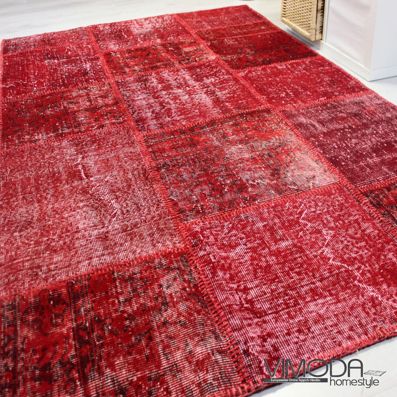 Hochwertiger VINTAGE Patchwork Teppich, Original Handgeknüpft Wollteppich in Rot; 160 cm x 230 cm - P001-zoom-