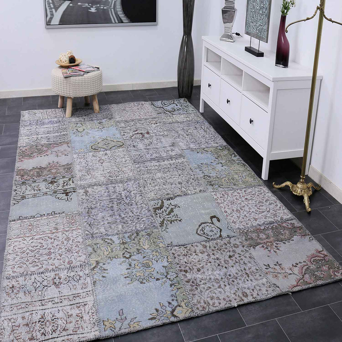 High-quality patchwork rug, hand-knotted wool rug in blue, unique piece; 200 x 290 cm - 014