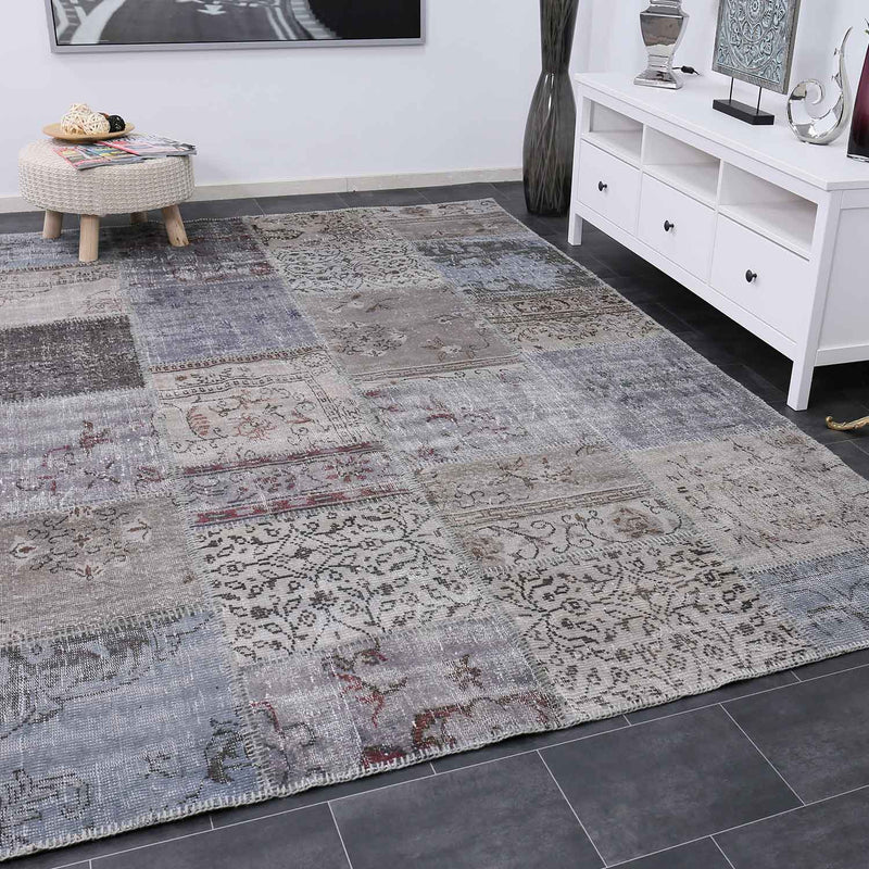 Hochwertiger Patchwork Teppich, Handgeknüpfter Wollteppich in Grau, Einzelstück; 200 x 290 cm - 3003-zoom-