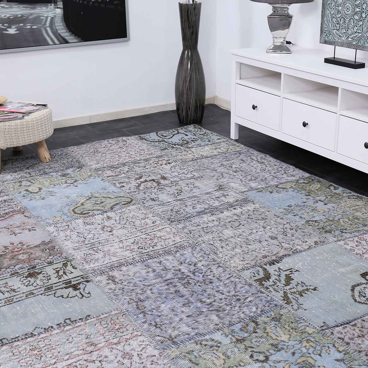 High-quality patchwork rug, hand-knotted wool rug in blue, unique piece; 200 x 290 cm - 014-4