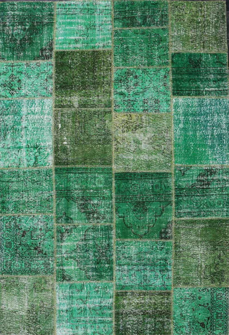 Hochwertiger VINTAGE Patchwork Teppich, Original Handgeknüpft Wollteppich in grün; 200 x 290 cm - 008-zoom-