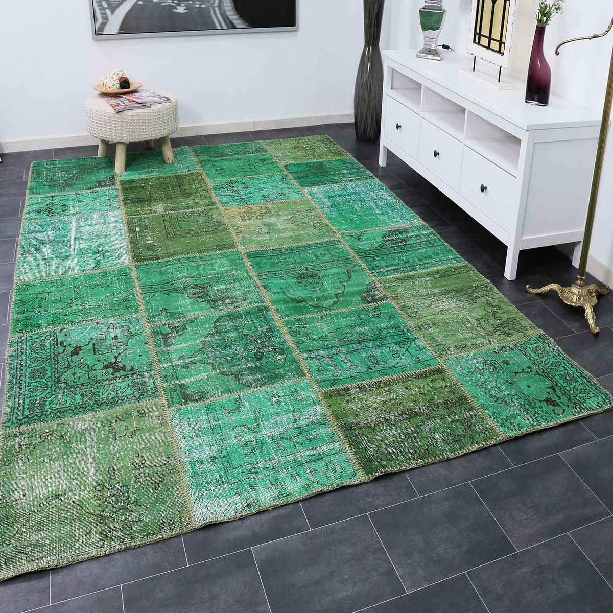 Hochwertiger VINTAGE Patchwork Teppich, Original Handgeknüpft Wollteppich in grün; 200 x 290 cm - 008-1