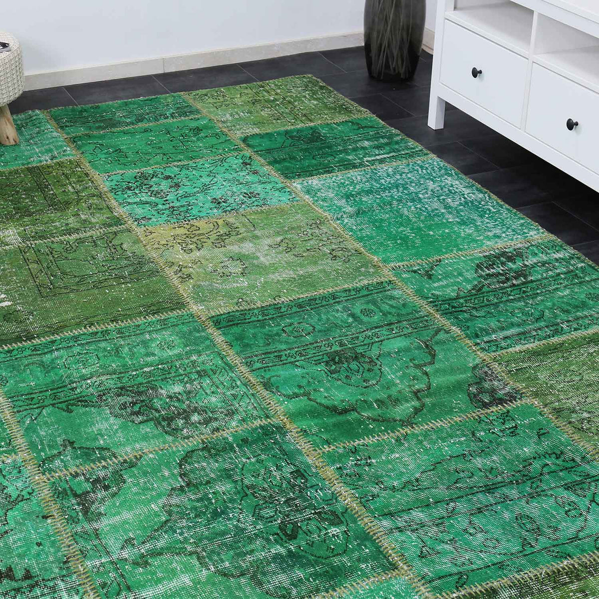 Hochwertiger VINTAGE Patchwork Teppich, Original Handgeknüpft Wollteppich in grün; 200 x 290 cm - 008-3