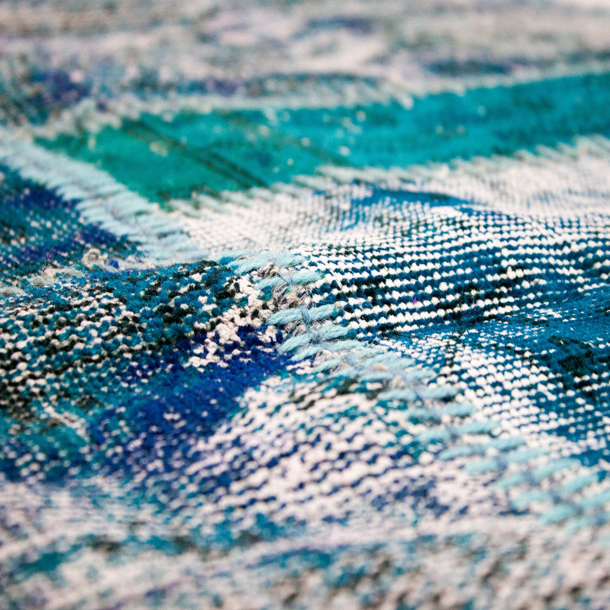 Hochwertiger VINTAGE Patchwork Teppich, Original Handgeknüpft Wollteppich in Turkis Blau; 70 x 140 cm - P0006A-2