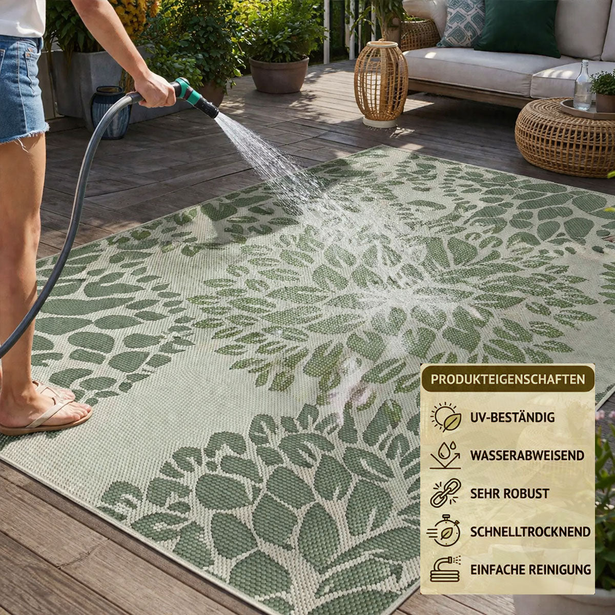 In- und Outdoor Flachgewebe Terrassen & Balkon Garten Küche, Teppich Blumen Design Grün Waschbar-3