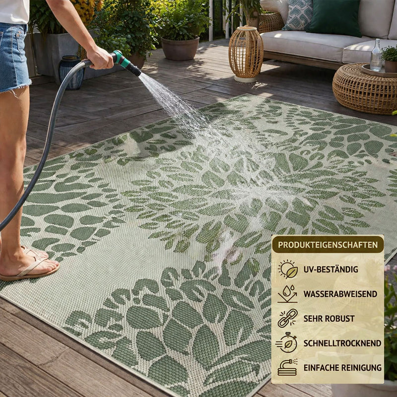 In- und Outdoor Flachgewebe Terrassen & Balkon Garten Küche, Teppich Blumen Design Grün Waschbar-zoom-