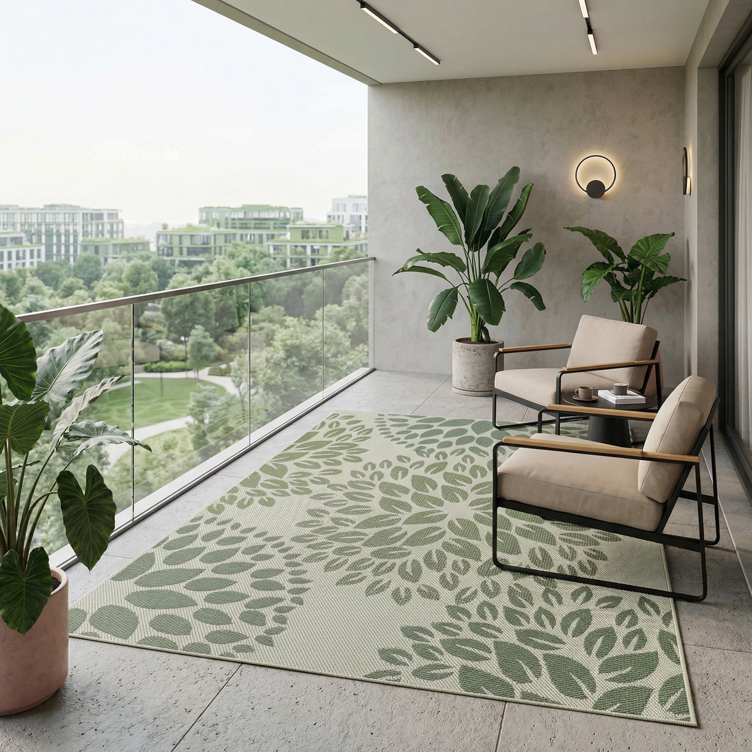 In- und Outdoor Flachgewebe Terrassen & Balkon Garten Küche, Teppich Blumen Design Grün Waschbar-1
