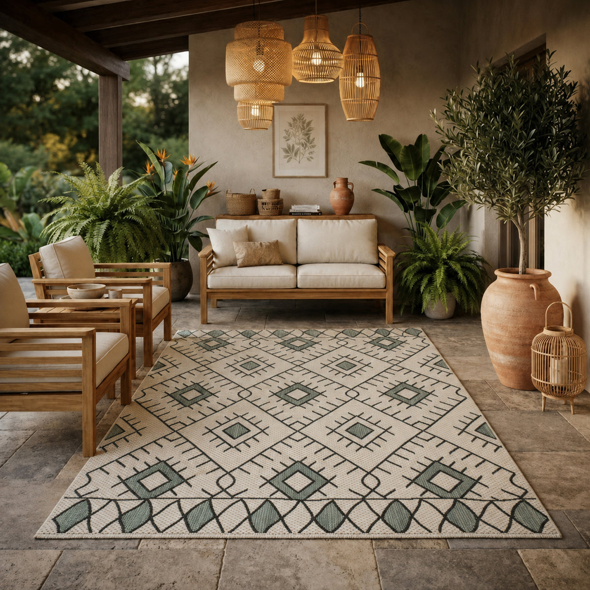 In- und Outdoor Flachgewebe Terrassen & Balkon Küche Teppich Rauten Boho Design