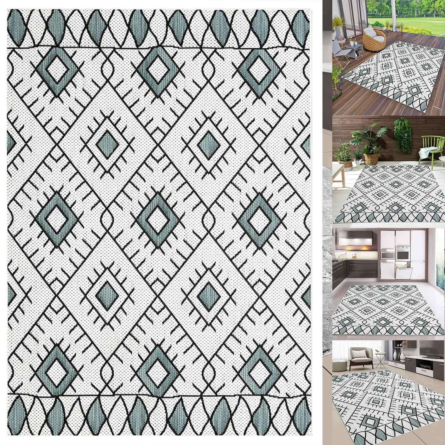 In- und Outdoor Flachgewebe Terrassen & Balkon Küche Teppich Rauten Boho Design-zoom-1