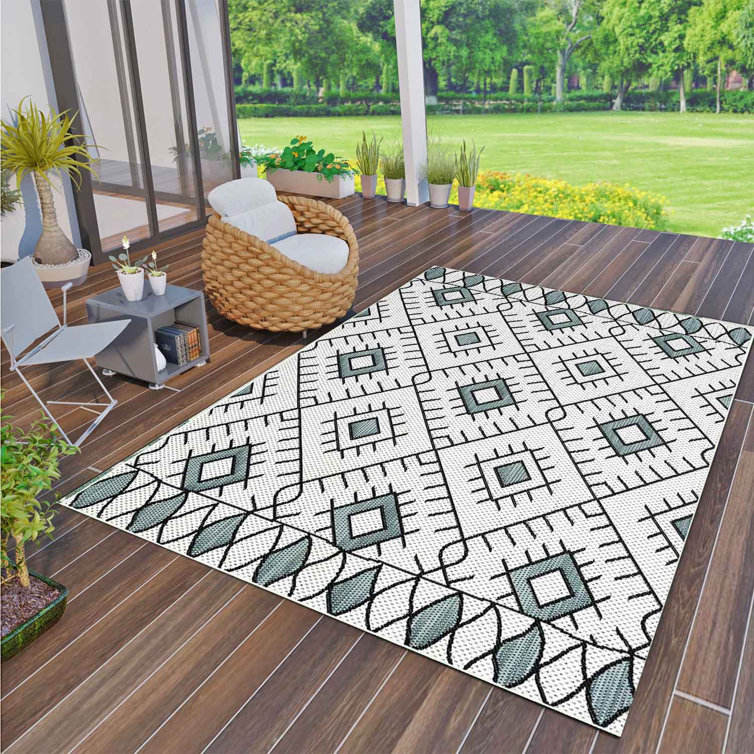 In- und Outdoor Flachgewebe Terrassen & Balkon Küche Teppich Rauten Boho Design-zoom-2
