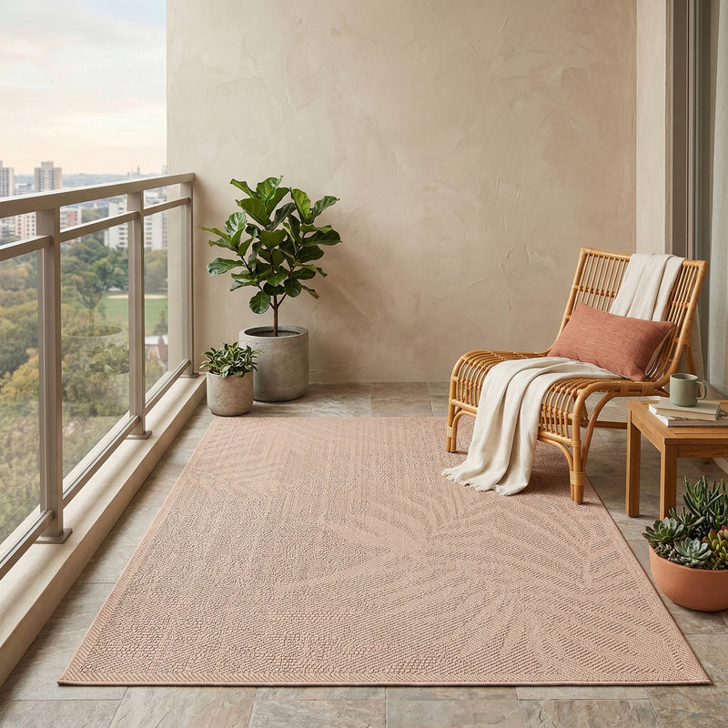In- und Outdoor Teppich Küche, Terrassen & Balkon In Beige-Palmen Muster-zoom-