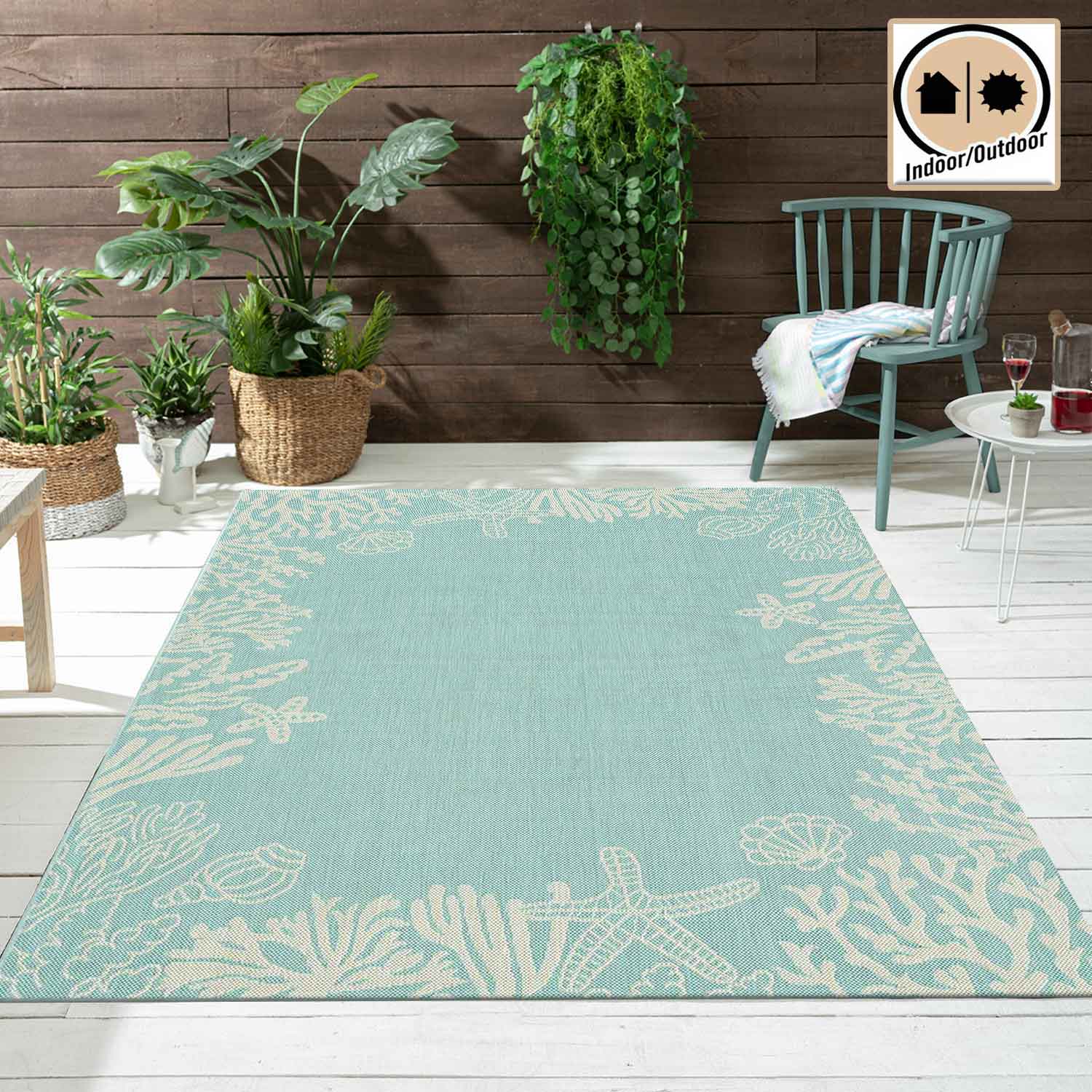 Indoor and outdoor rug, patio & balcony, kitchen rug, sea design, shells, turquoise