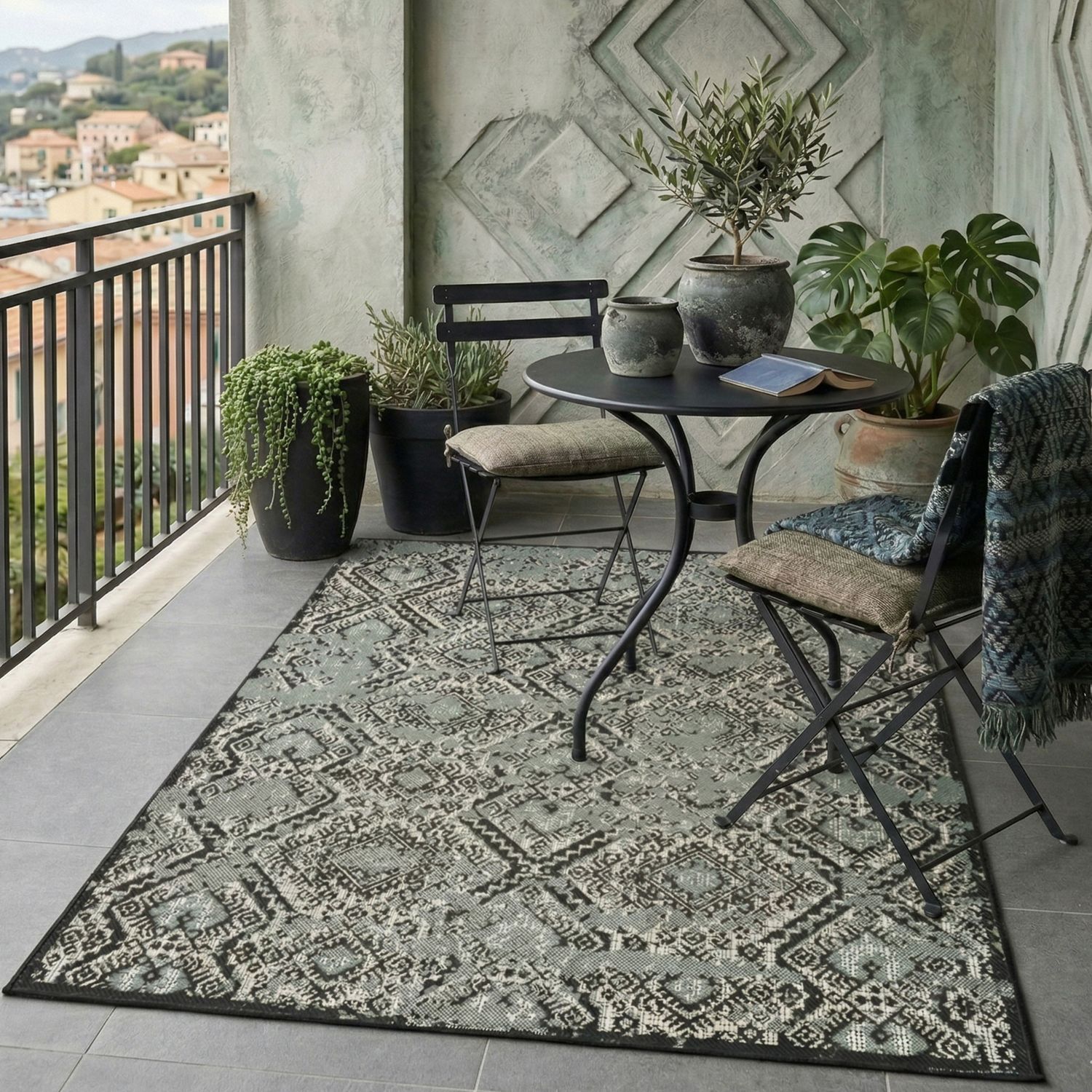 Indoor and outdoor rug, patio & balcony, kitchen rug, diamond design, black & green