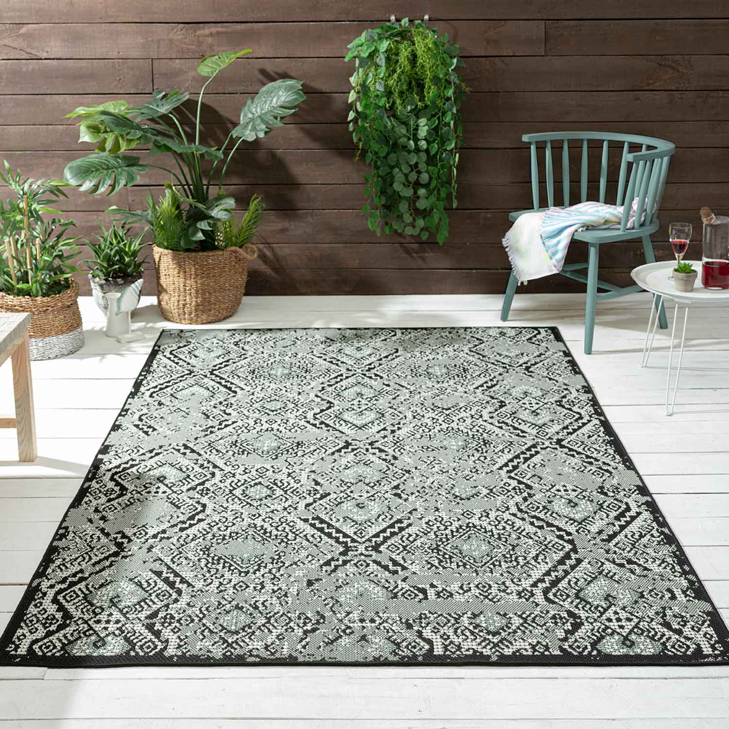 Indoor and outdoor rug, patio & balcony, kitchen rug, diamond design, black & green-zoom-2