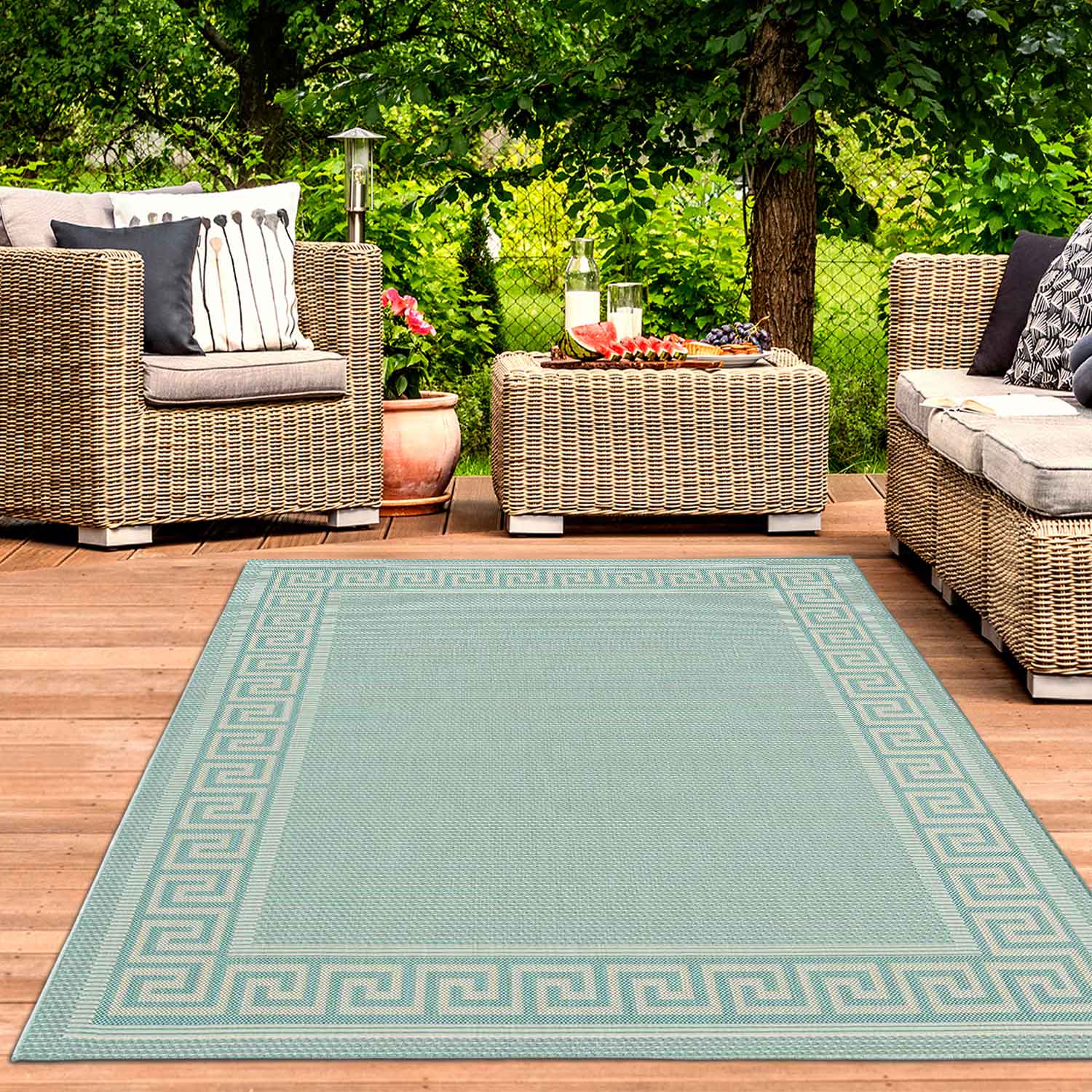 In- und Outdoor Teppiche Flachgewebe Balkon Küche Bordüre Look In Blau & Turkis