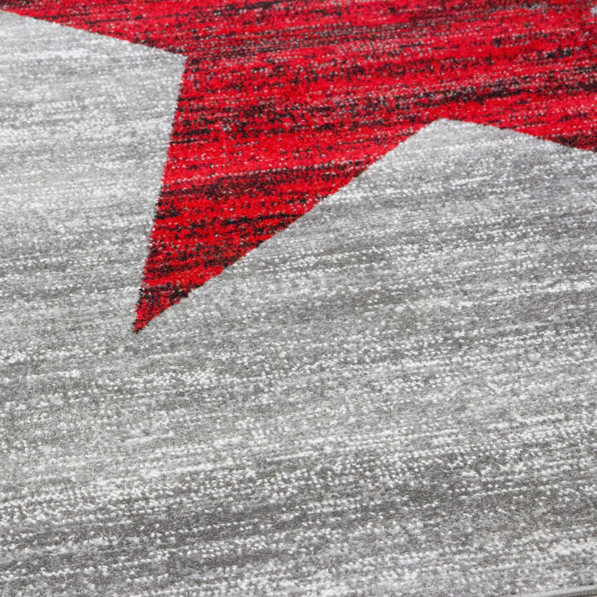 Red trendy short-pile rug, star pattern, youth room, grey, easy to clean