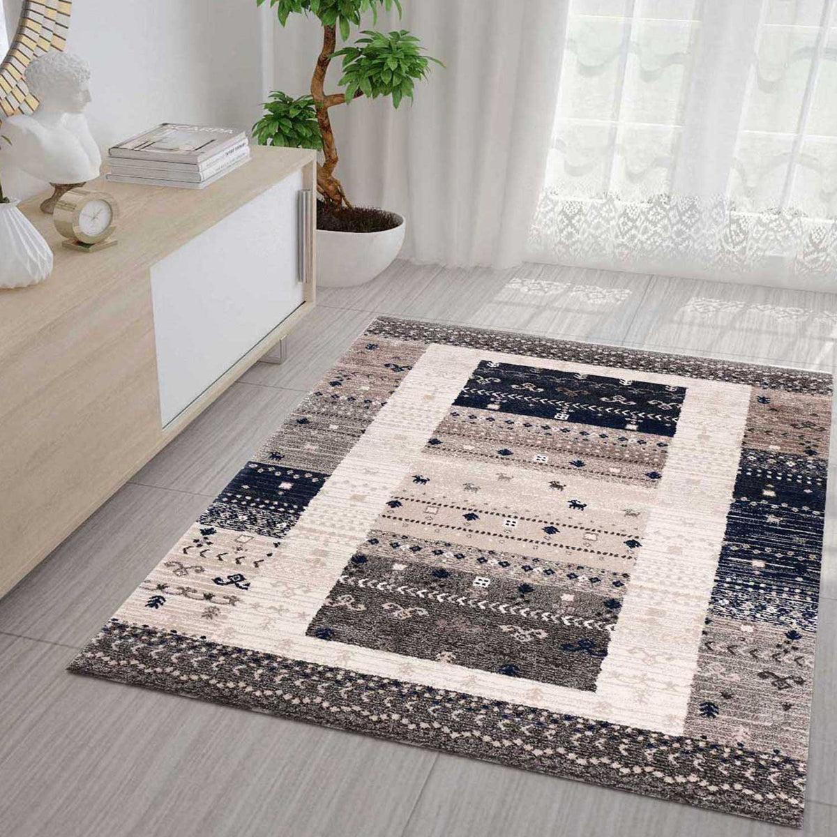 Living room rug boho ethnic scandi modern Moroccan pattern grey beige blue with gradient color-zoom-1