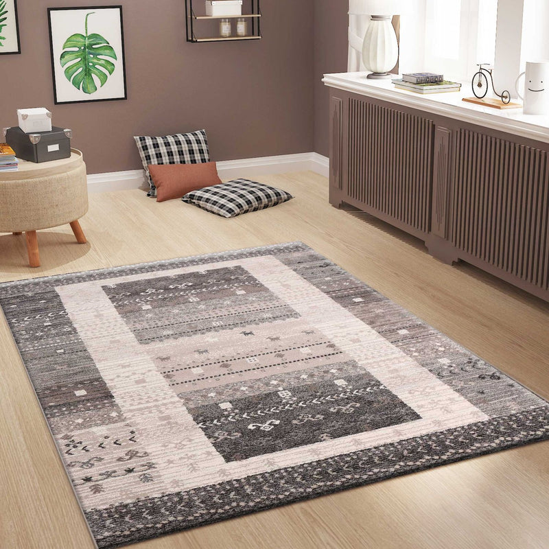 Teppich Wohnzimmer Boho Ethno Scandi Modern Marokkanische Muster Grau Beige mit Farbübergang-zoom-