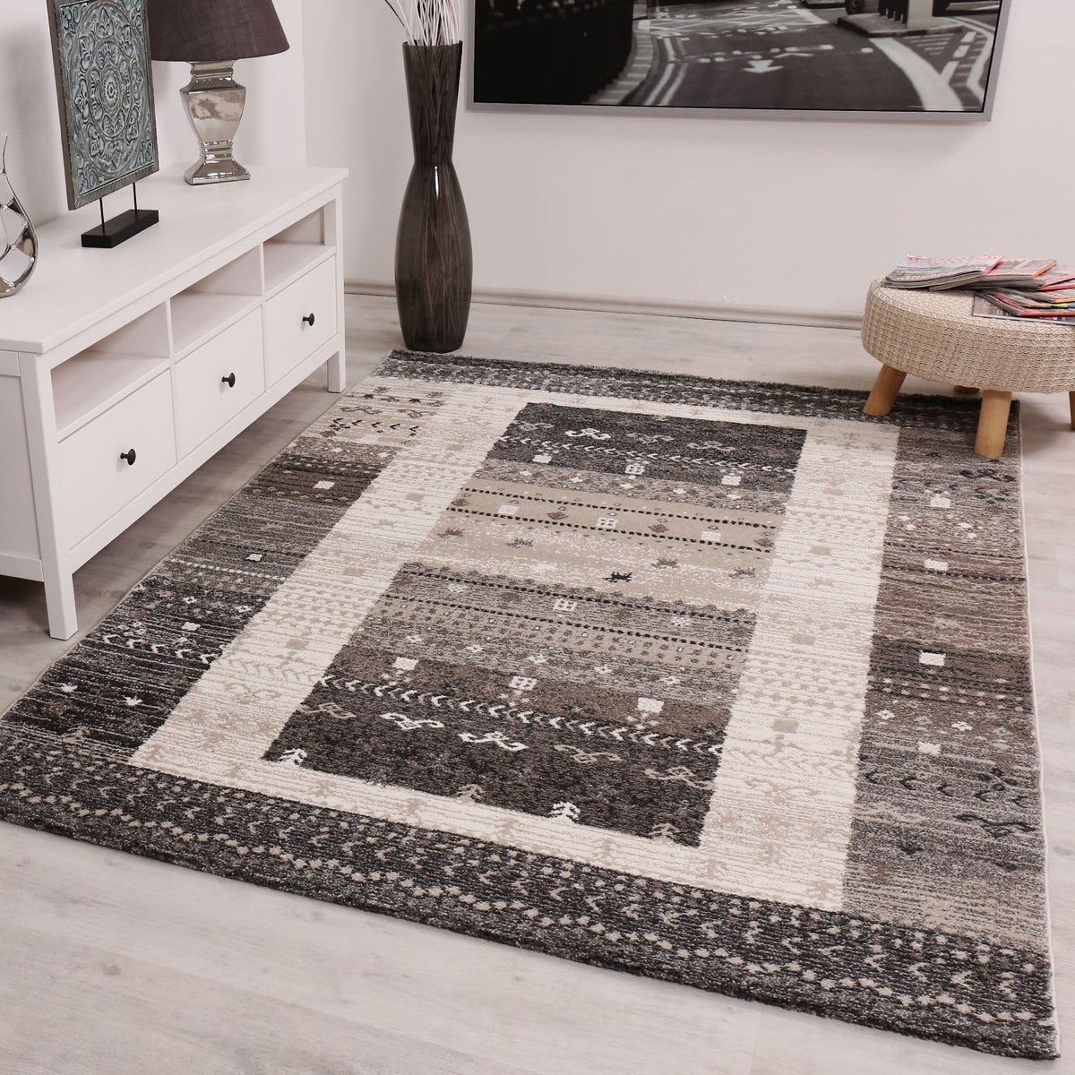 Teppich Wohnzimmer Boho Ethno Scandi Modern Marokkanische Muster Grau Beige mit Farbübergang-2