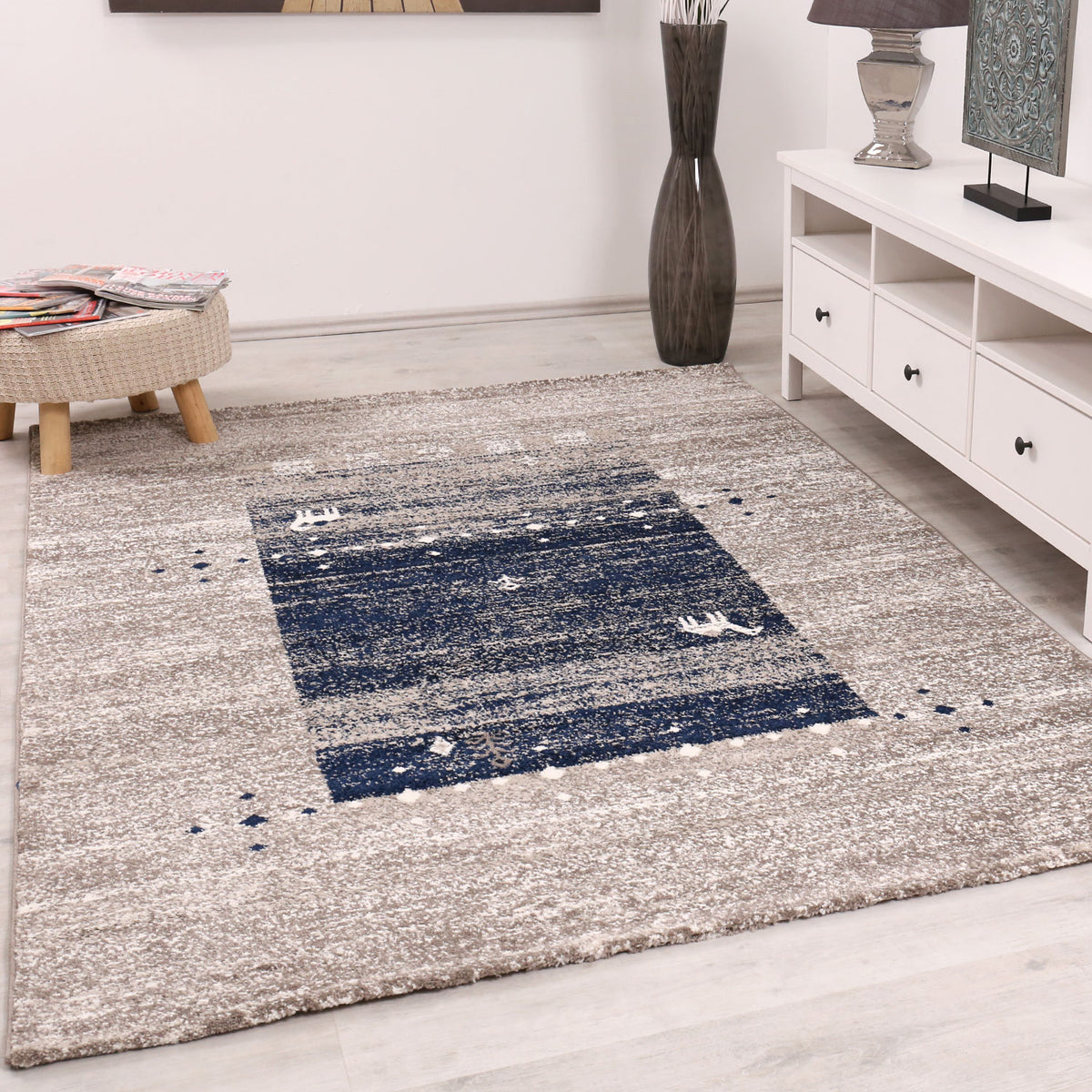 Living room rug boho ethnic scandi modern Moroccan pattern grey beige blue with color gradient-1