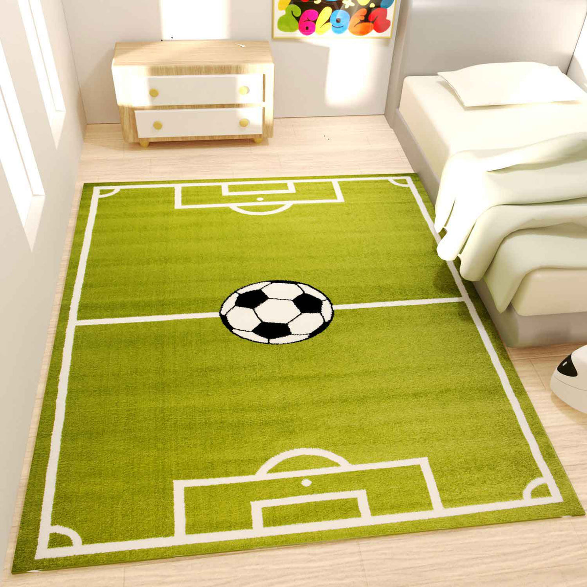 Kids' Rug Football Green Pitch Robust Easy-care Short Pile Play Rug for Nursery Playroom