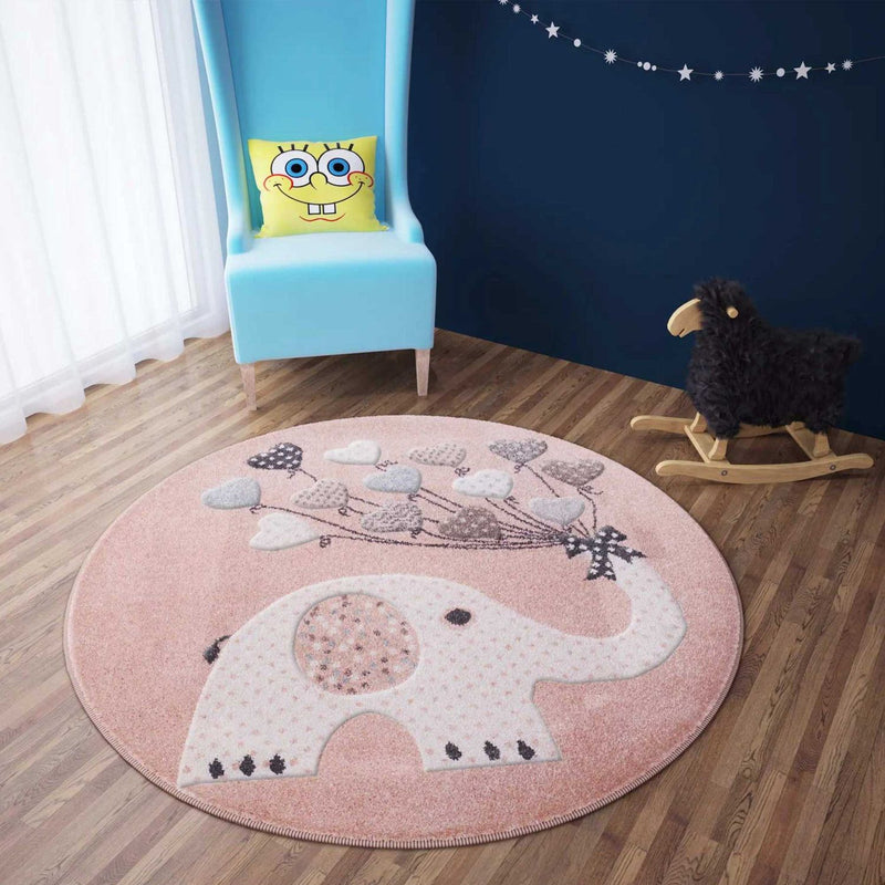 Children's rug pink white elephant pattern and heart balloons colorful round-zoom-