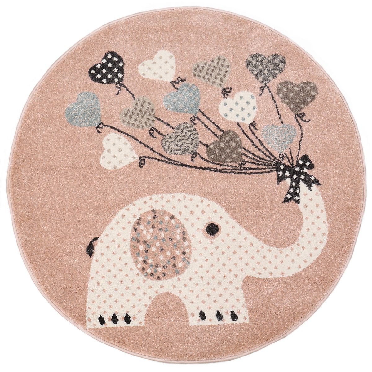 Children's rug pink white elephant pattern and heart balloons colorful round-5