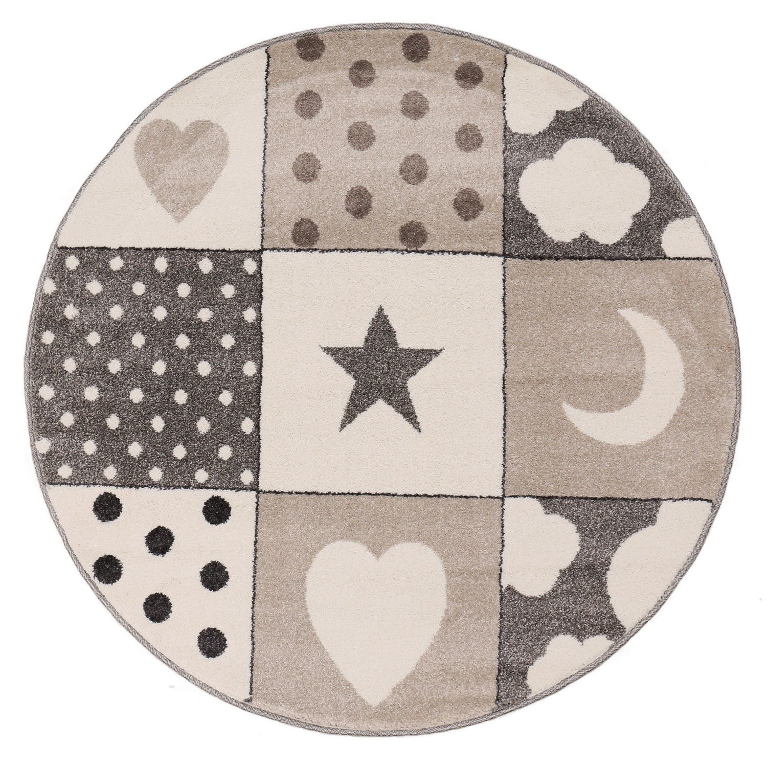 Kinderteppich Babyteppich Patchwork Wolke  Herz Sterne Mond Dots | Kinderteppich für Mädchen und Jungs | Teppich für Kinderzimmer | Farbe: Grau Beige & Creme