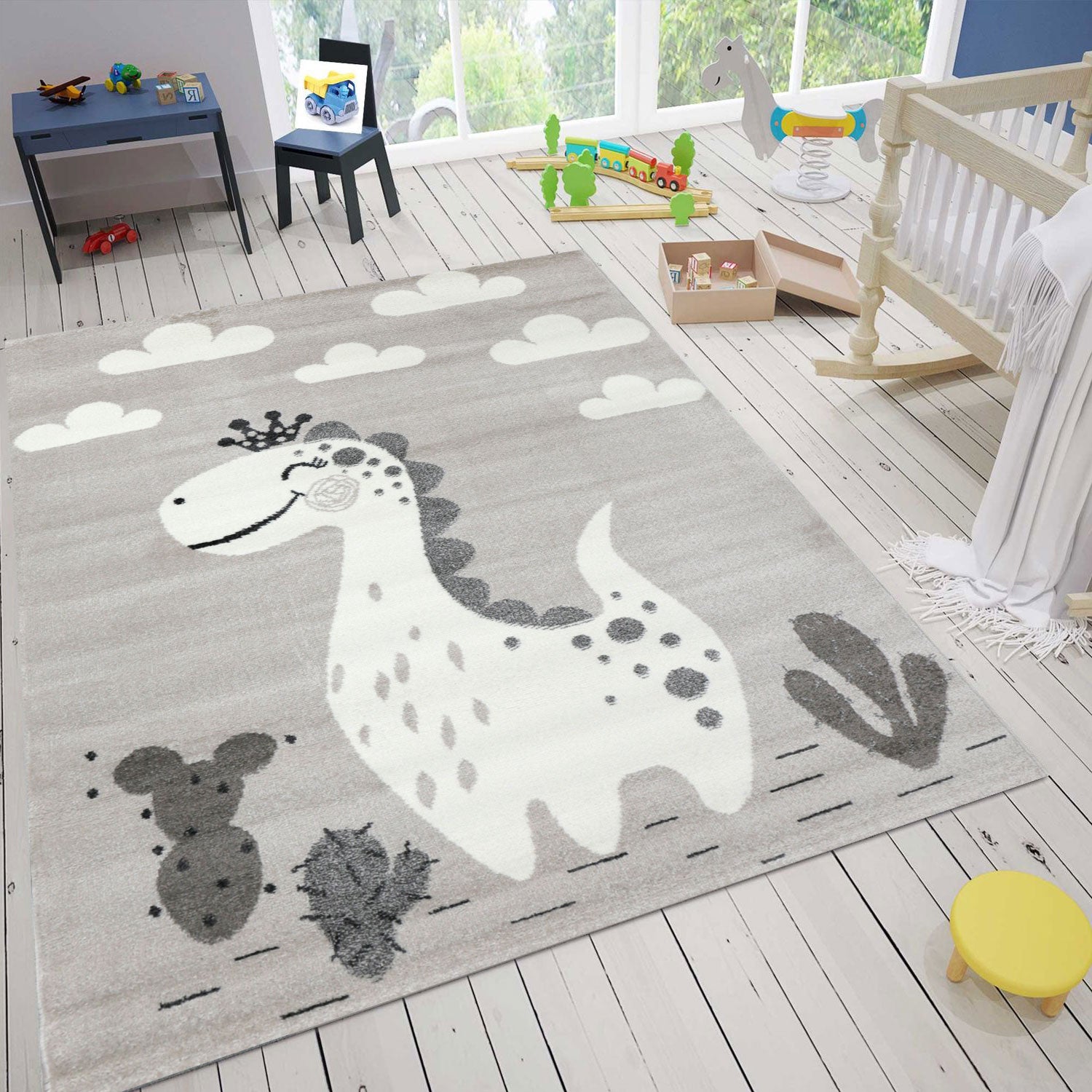 Children's rug, nursery rug, baby rug with smiling dinosaur for girls and boys
