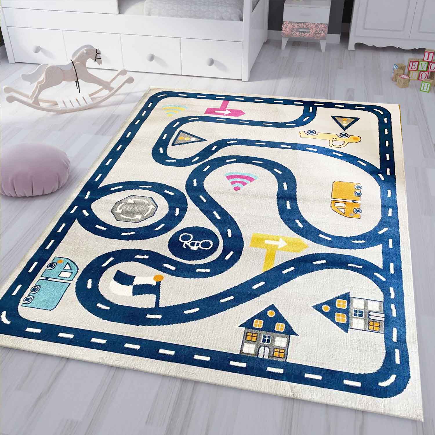Kids' Rug Play Rug Road Car Traffic | Rug for Children's Room | Grey or Blue-zoom-1